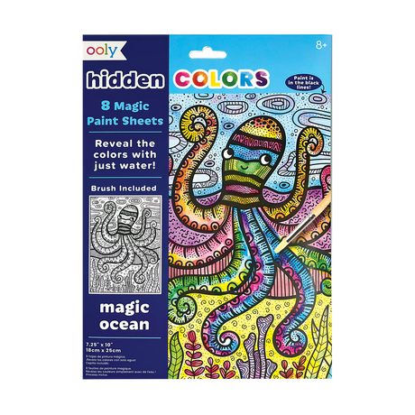 Hidden Colors Magic Ocean with 8 water reveal paint sheets featuring ocean creatures and a paintbrush for ages 8 and up.
