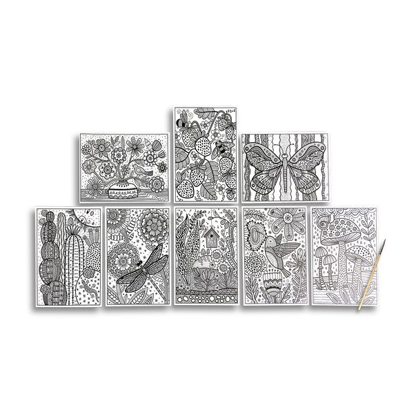 Hidden Colors Magic Nature black and white nature-themed painting sheets with paintbrush for water-activated coloring.