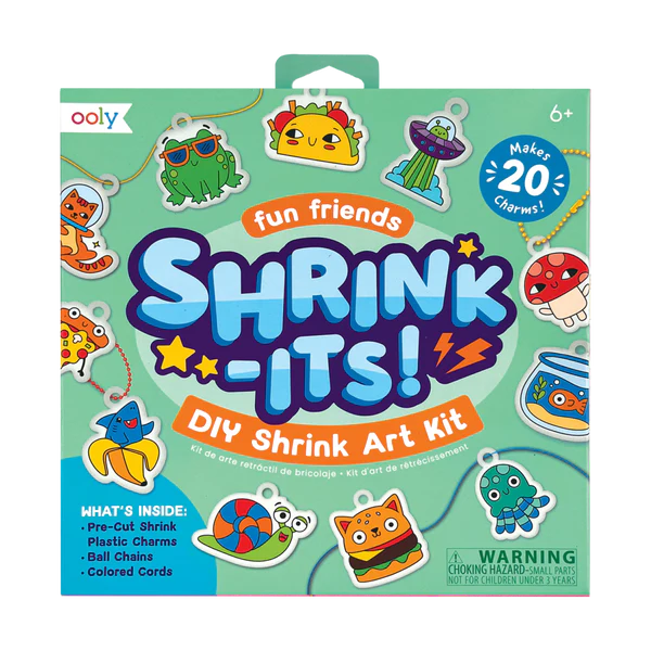 Shrink-Its! Fun Friends DIY Shrink Art Kit with 20 pre-cut plastic charms including tacos, snails, and mushrooms.