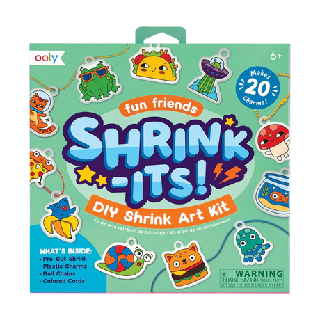 Shrink-Its! Fun Friends DIY Shrink Art Kit with 20 pre-cut plastic charms including tacos, snails, and mushrooms.