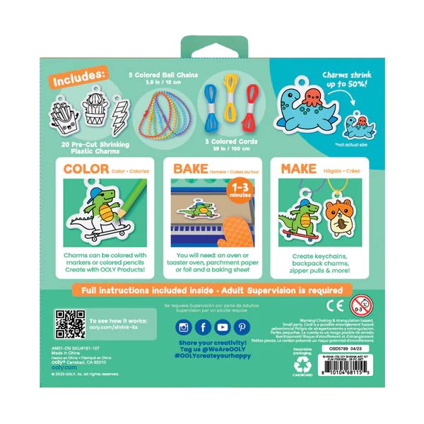 Shrink-Its! Fun Friends DIY shrink art kit with 20 pre-cut charms, colorful ball chains, and cords for creative crafting.
