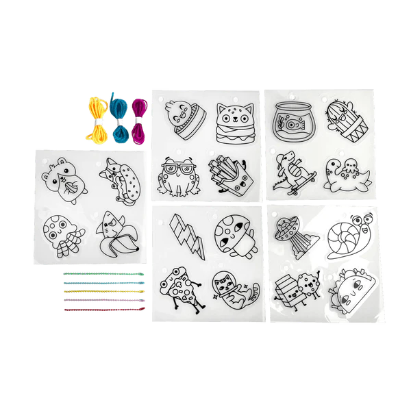 Shrink-Its! Fun Friends DIY shrink art kit with 20 pre-cut charms, cords, and ball chains for creative crafting fun.