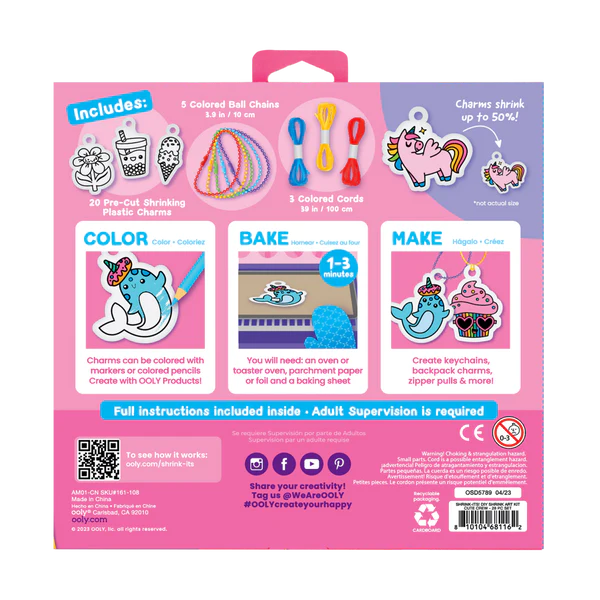 Shrink-Its! Cute Crew shrink art kit with 20 plastic charms, colorful ball chains, cords, and DIY instructions for crafting.