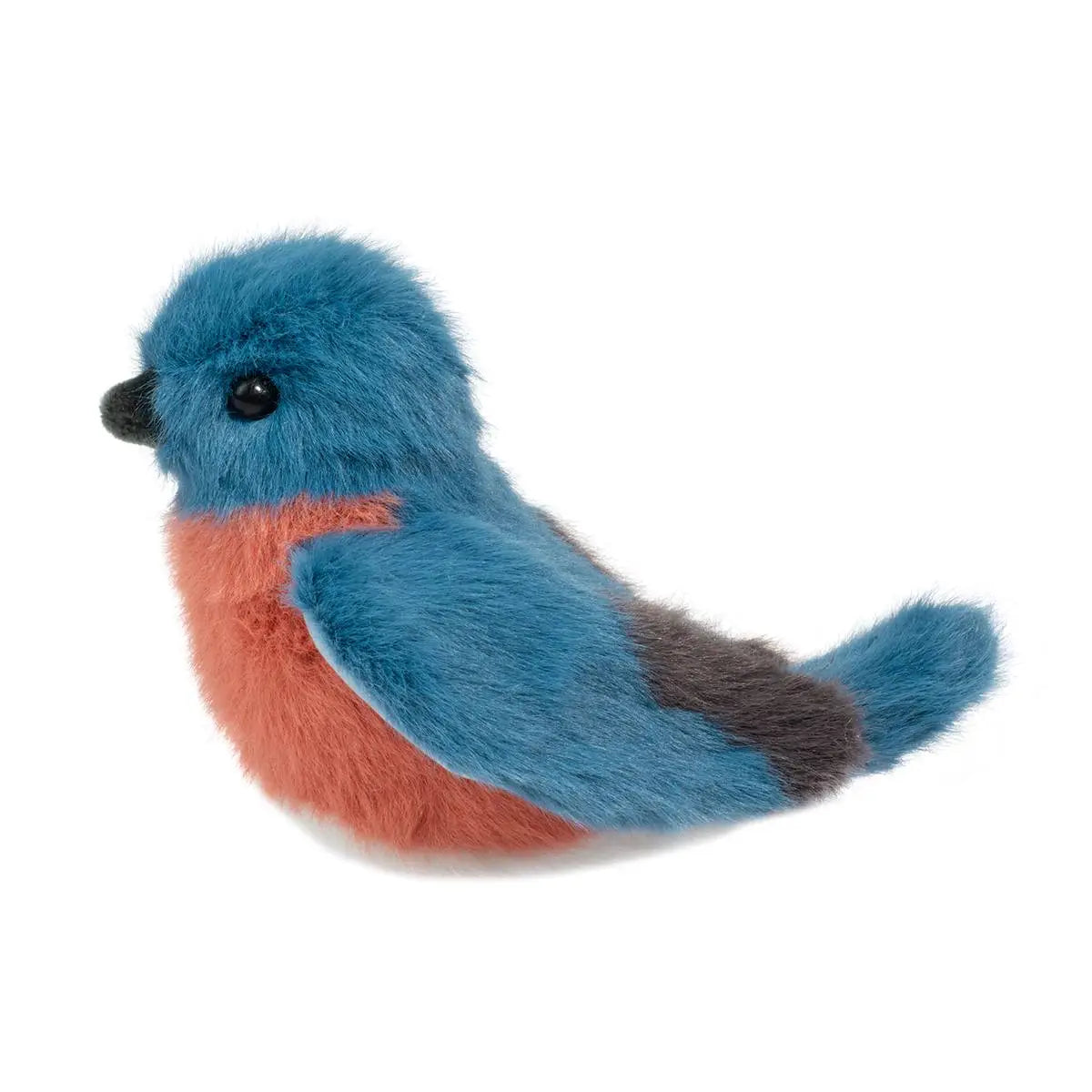 Blue Bird Bertie plush toy with blue and rosy chest, soft fur, and gray tipped wings, perfect for cuddling and display.