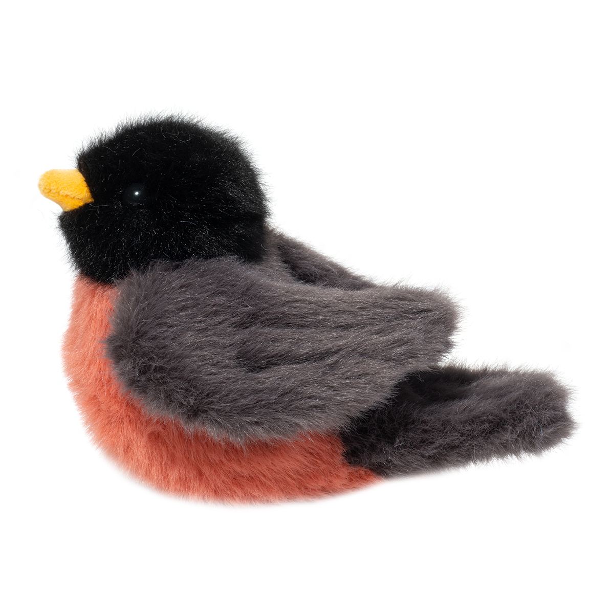 Plush bird toy with black head, orange chest, gray wings, and yellow beak on white background