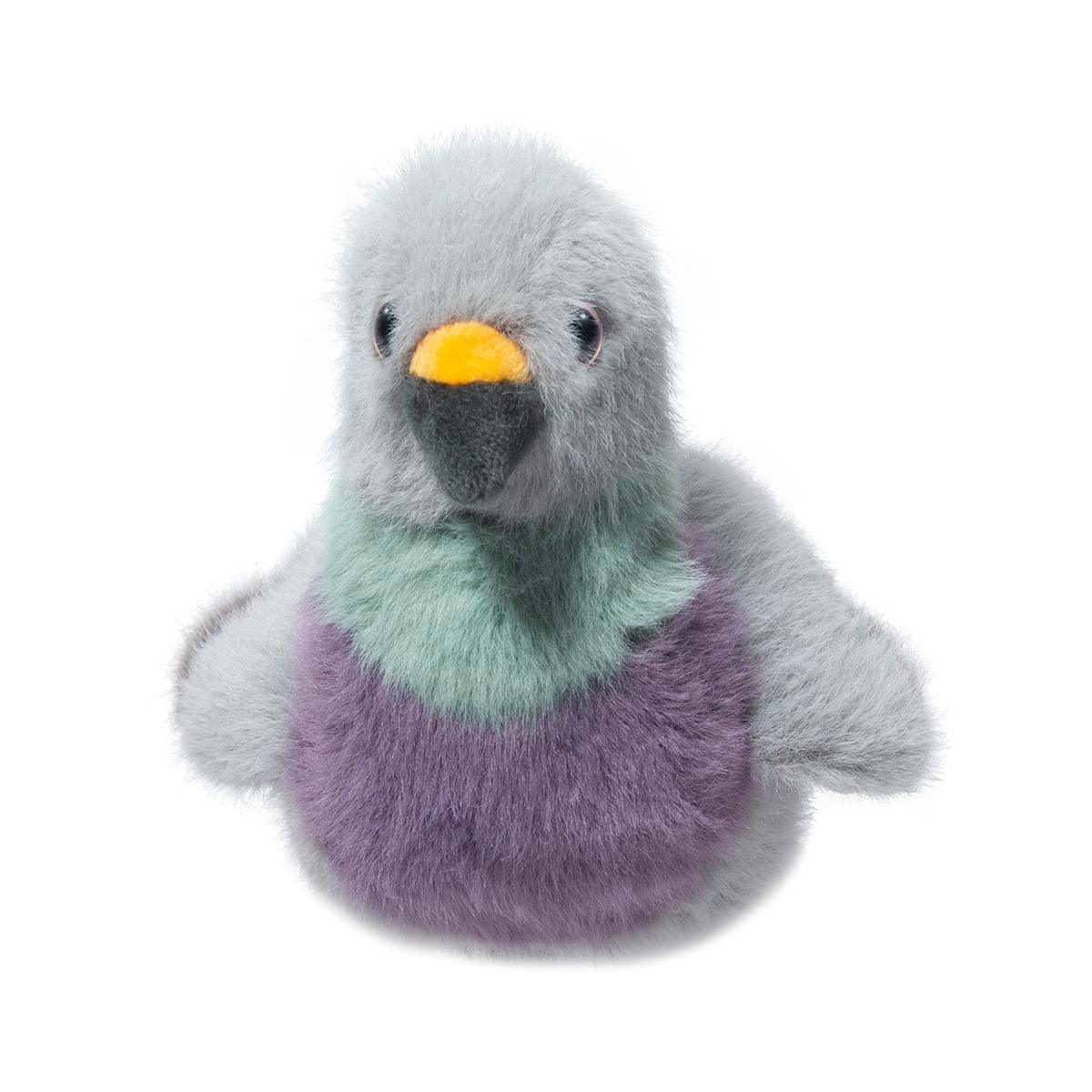 Pigeon Parker plush toy with soft gray, green, and purple fur and a yellow beak, 7 inches long.