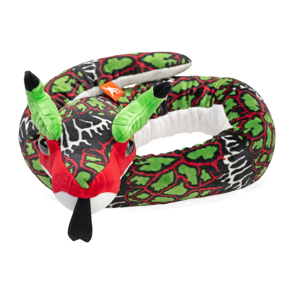 Soft snake-shaped neck pillow with green, red, and black pattern and plush green horns on white background