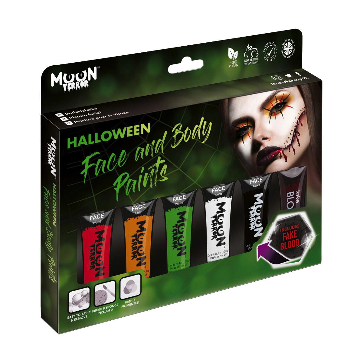 Face & Body Paints | Halloween set with six spooky water-based colors including red, orange, green, and fake blood.