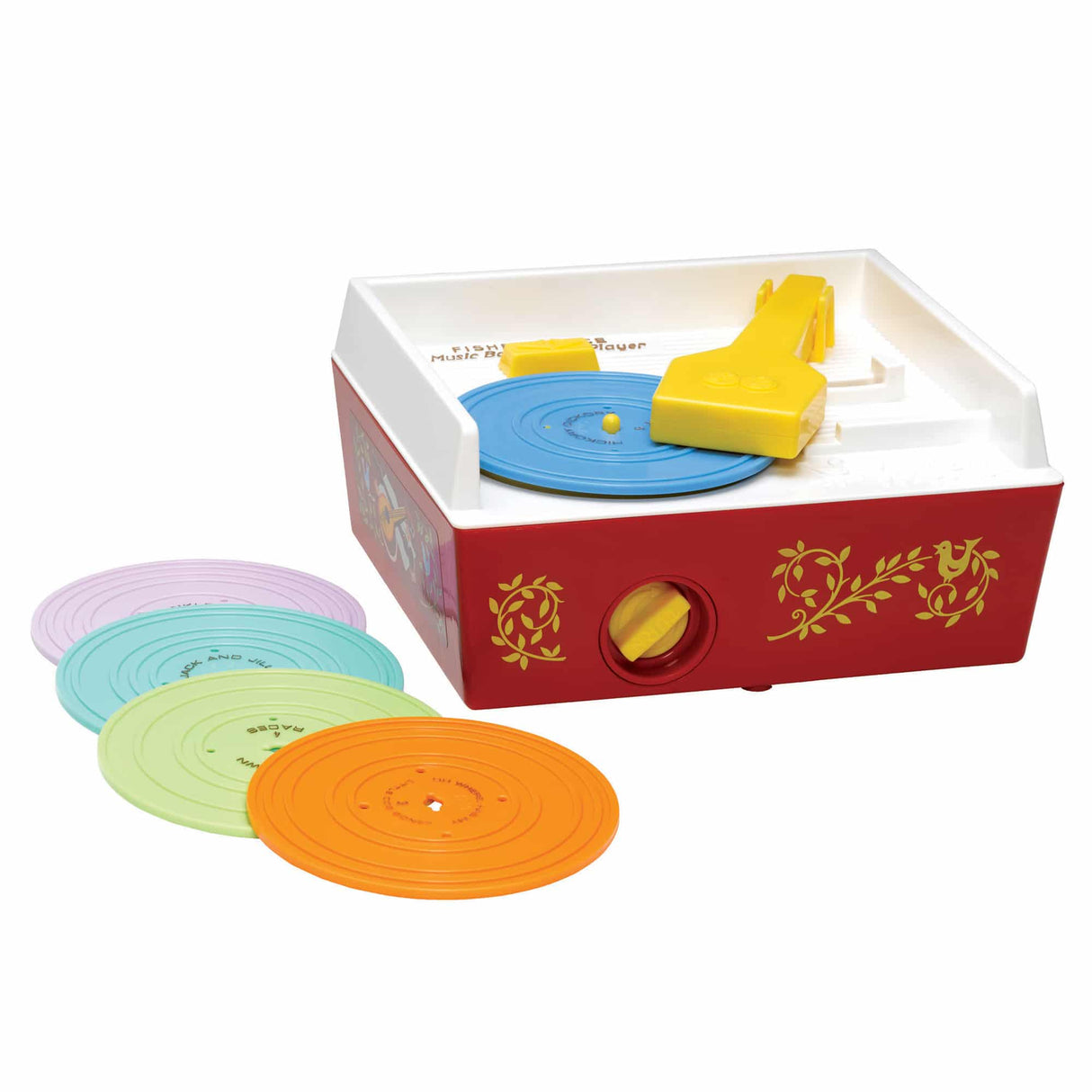Fisher Price Record Player with colorful discs, vintage design, and a yellow tone arm for classic music play.