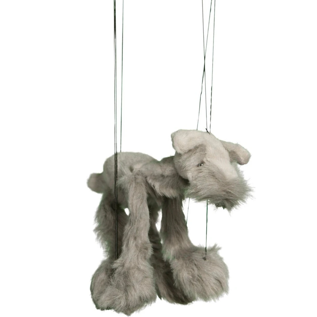 Marionette Small | Grey Schnauzer Dog string puppet with soft fur and tangle-free control bar, approximately 8 inches tall.
