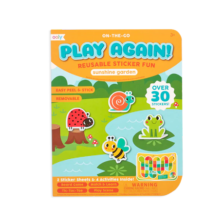 Play Again! Sunshine Garden reusable sticker activity book with over 30 stickers and fun garden-themed scenes for kids.