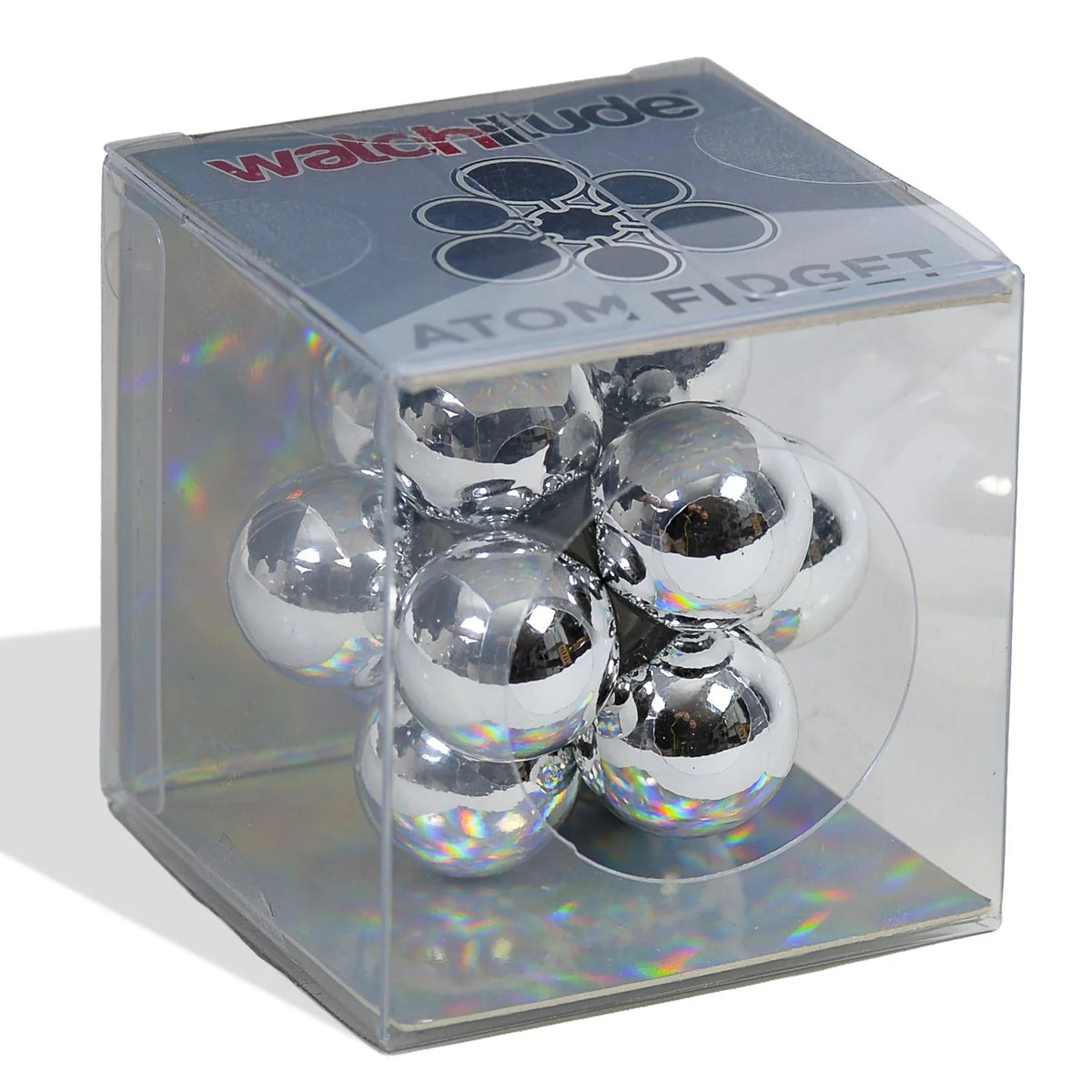 Atom Fidget toy with shiny silver magnetic spheres in a clear display box