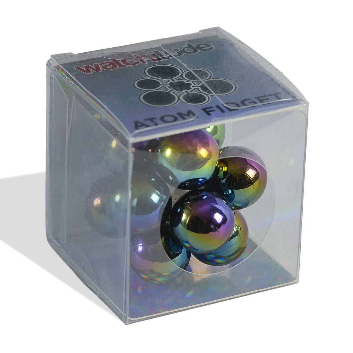 Atom Fidget colorful spherical toy in a clear display box
