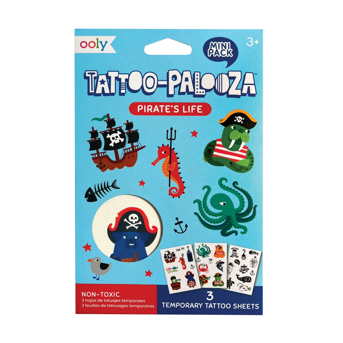 Pirate's Life Tattoos temporary tattoo set with three sheets featuring pirate animal designs on blue background.