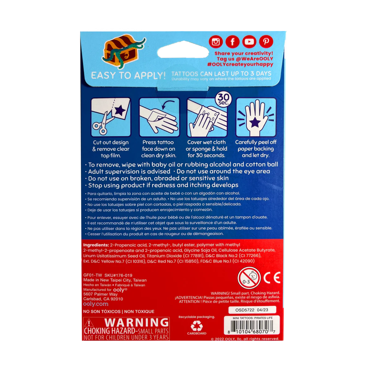 Pirate's Life Tattoos with colorful animal pirate designs on three sheets, easy to apply and long-lasting temporary tattoos.