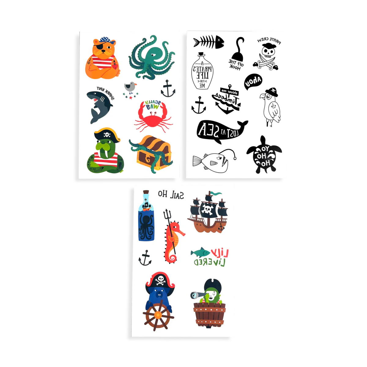 Pirate's Life Tattoos featuring colorful and black-and-white pirate-themed temporary tattoo sheets with animal buccaneers and pirate symbols.