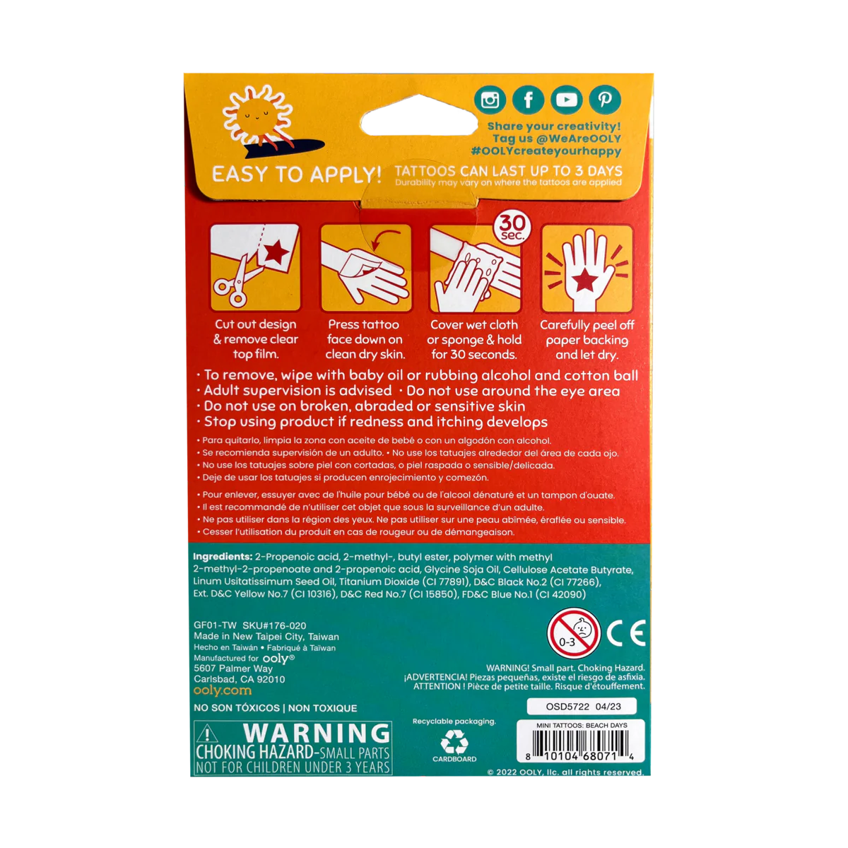 Beach Days Tattoos temporary tattoo sheets with colorful and black-and-white silly beach designs for kids.