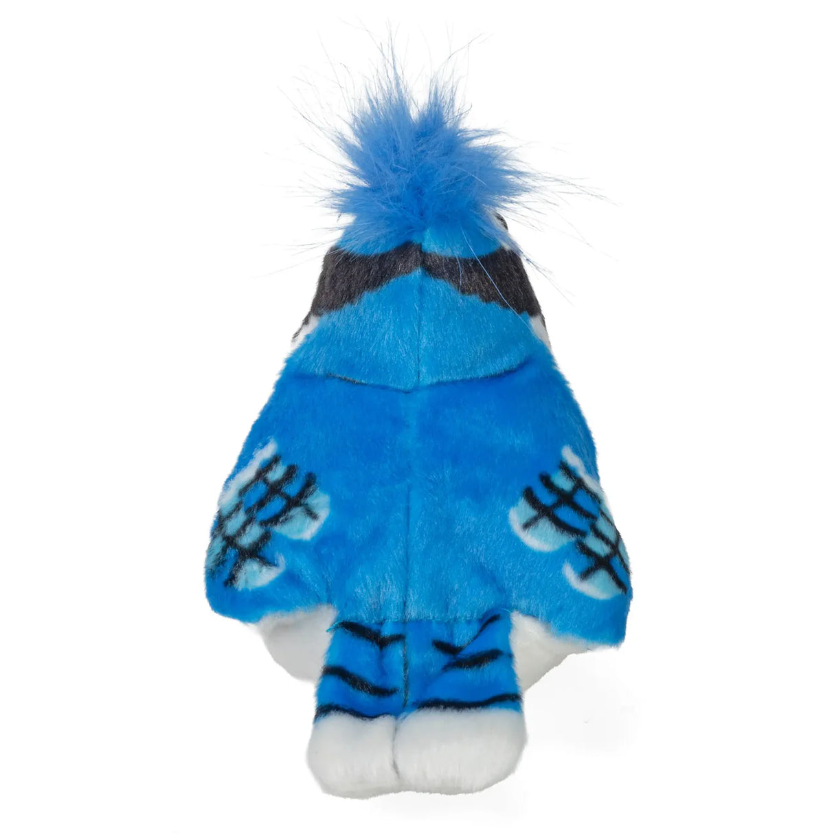 Firm blue plush bird toy with black markings, white feet, and a fluffy tuft of blue feathers on its head