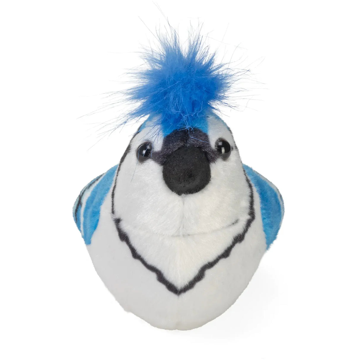Plush bird toy with white and blue fur, black markings, and a fluffy blue feather tuft on its head