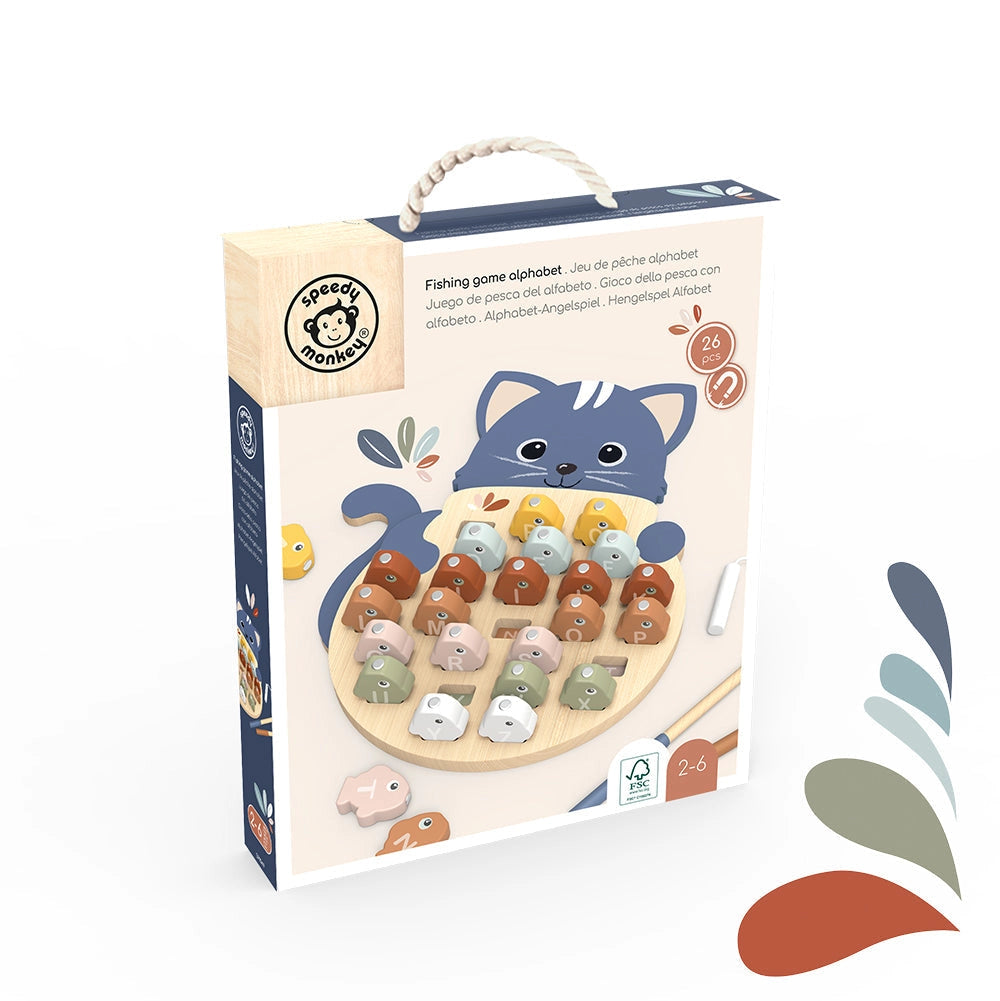 Wooden alphabet fishing game with colorful lettered fish and two magnetic rods for toddler learning and play.