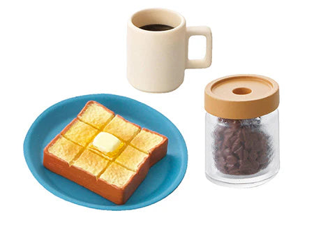 Re-Ment Breakfast Miniature Set with buttered toast, coffee cup, and jar of chocolate beans on white background.