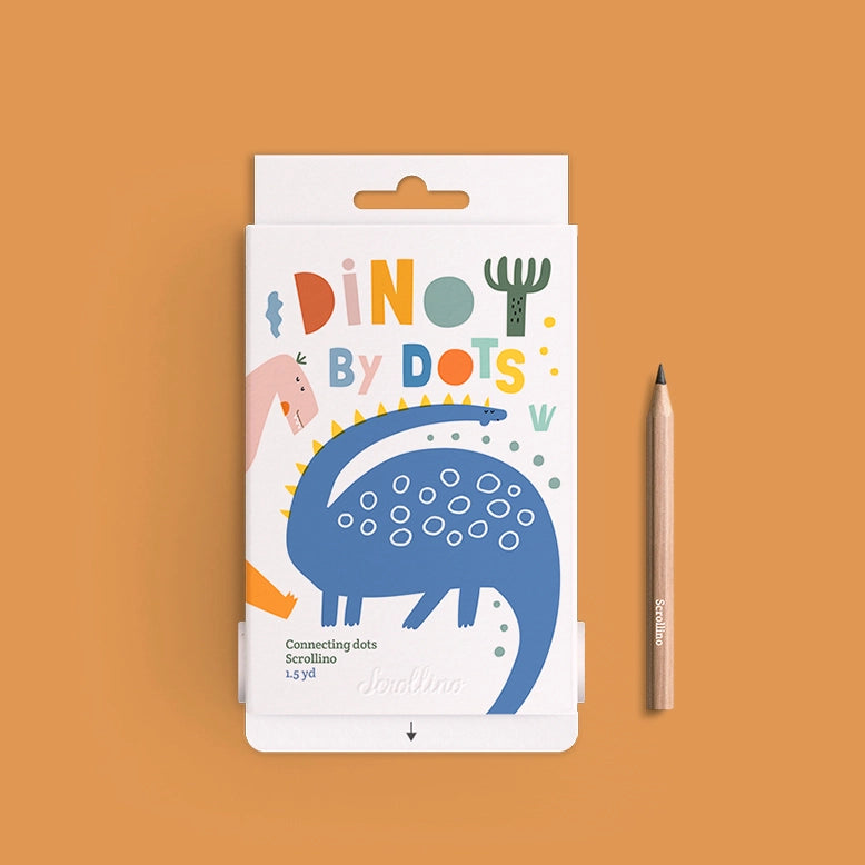 Scrollino Coloring Book & Dot to Dot | Dino with dinosaur illustrations and natural wood pencil on orange background.