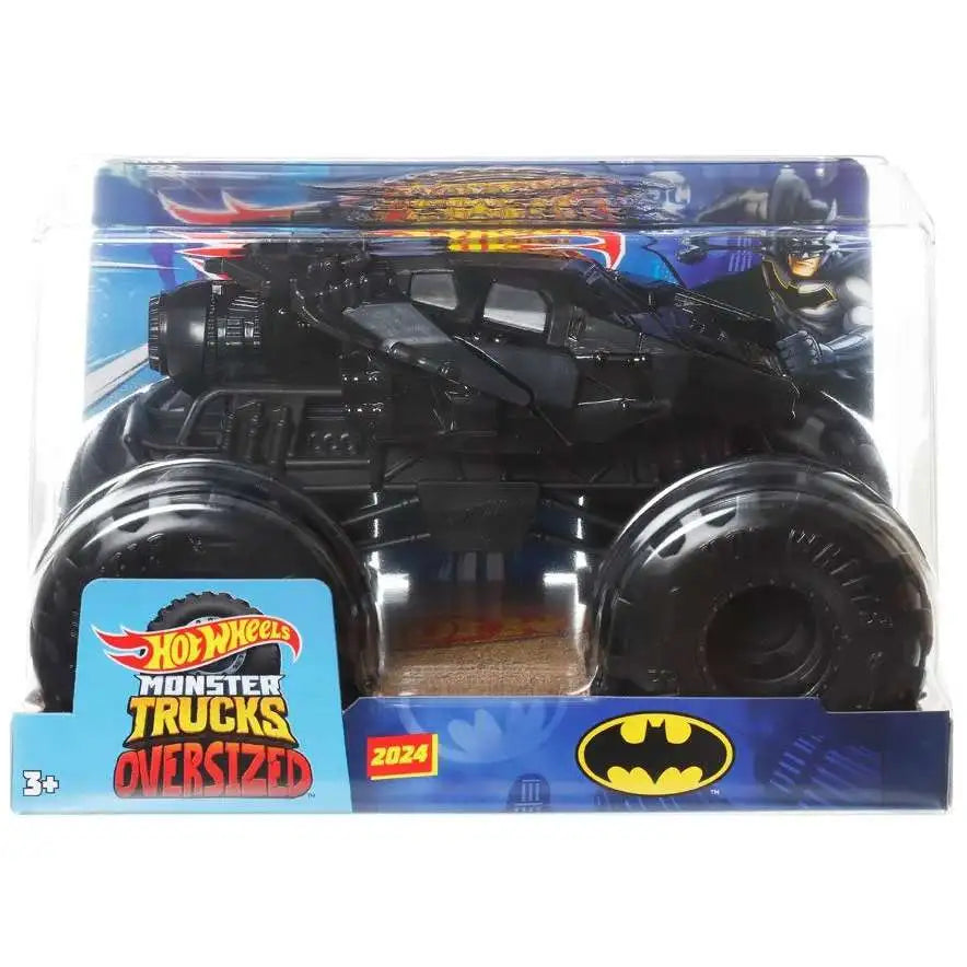 Black Hot Wheels monster truck with oversized wheels in Batman-themed packaging for ages 3 and up