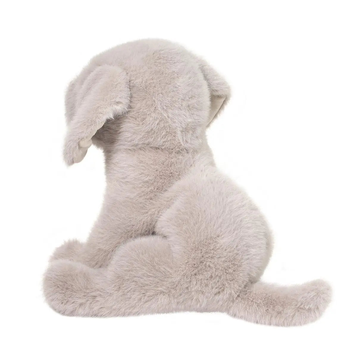 Silver Lab Argento plush stuffed animal in soft silvery gray fur sitting in a floppy pose from the back view