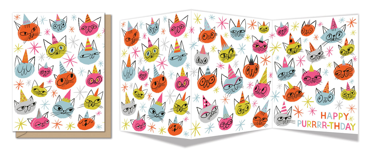 Tri-fold card featuring colorful, whimsical cats wearing birthday hats with playful stars on a white background