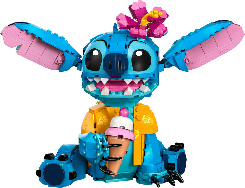Disney Classic Stitch buildable LEGO figure wearing a yellow Hawaiian shirt holding an ice cream cone with a removable flower accessory.