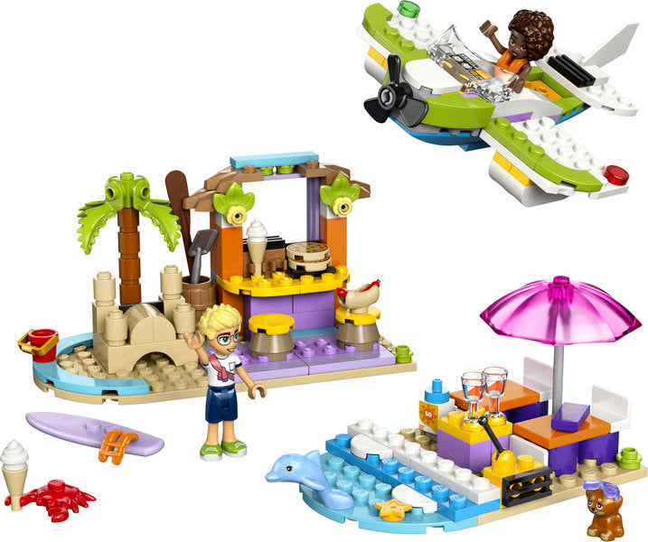 Friends Creative Beach & Travel Suitcase with buildable seaplane, café, beach, minidolls, dolphin, and sandcastle playset.