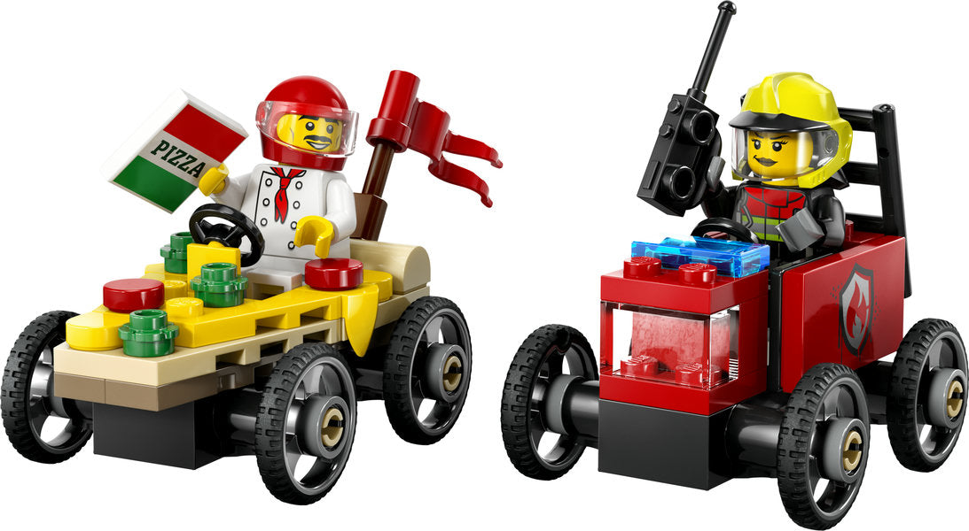 City Pizza vs Fire Truck Race Cars featuring two soapbox racers with a chef and firefighter minifigures racing.