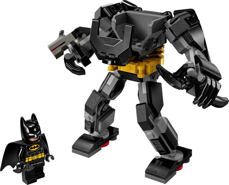 Super Heroes DC Batman Mech Armor with large mech figure and Batman minifigure pilot for ages 6 and up.