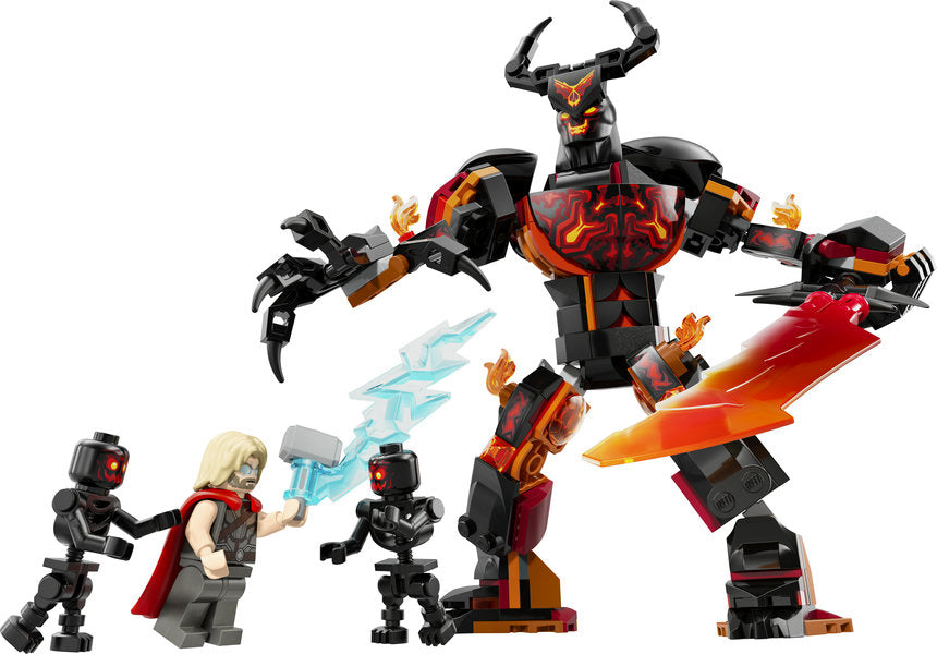 Super Heroes Marvel Thor vs Surtur Construction Figure with Thor and fire demon warriors in battle pose.