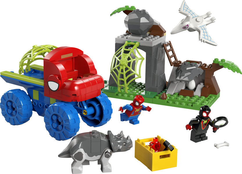 Spidey Team Spidey Dino Crawler Rescue LEGO set with Spidey, Miles Morales, dino figures, and Dino Crawler truck.