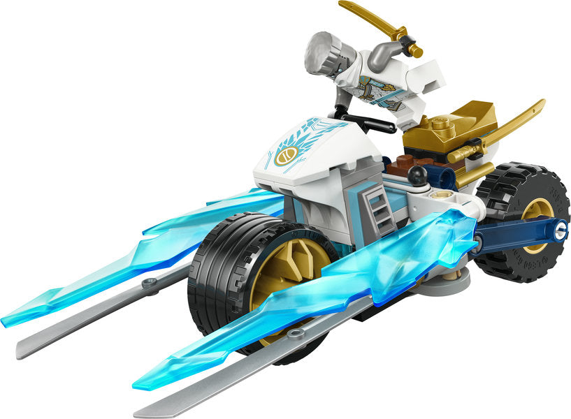 Ninjago Zane's Ice Motorcycle with moving wheels, fold-out ice blades, and Zane minifigure in tournament armor riding.