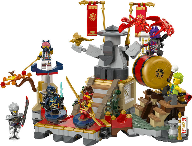 Ninjago Tournament Battle Arena LEGO set with ninja minifigures, interactive platforms, and battle accessories.