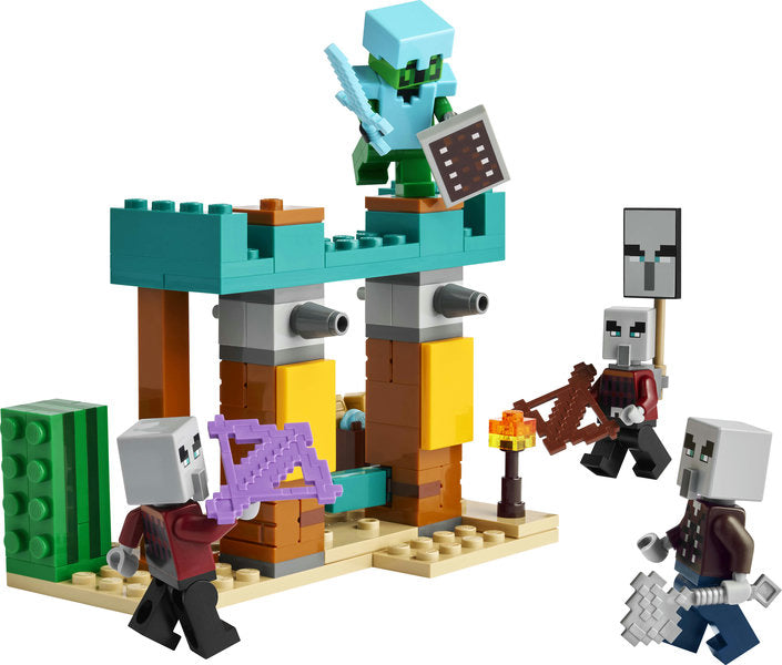 Minecraft The Illager Desert Patrol set with Cactus Knight in diamond armor defending outpost from illager figures with weapons and treasure.