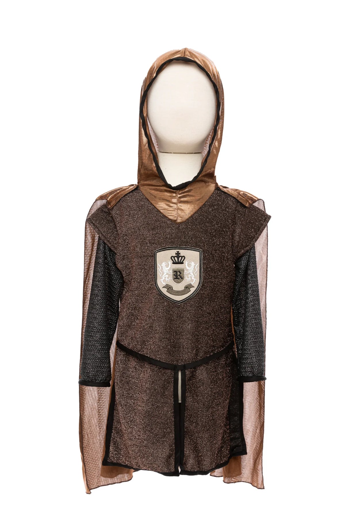Brilliant Copper Knight Tunic with Cape featuring hooded sparkly brown tunic and iridescent copper cape for kids size 5-6.
