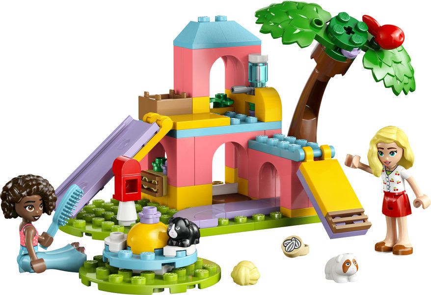 LEGO Friends Guinea Pig Playground with two minidolls, slides, tree, and guinea pig figures for pet care play.