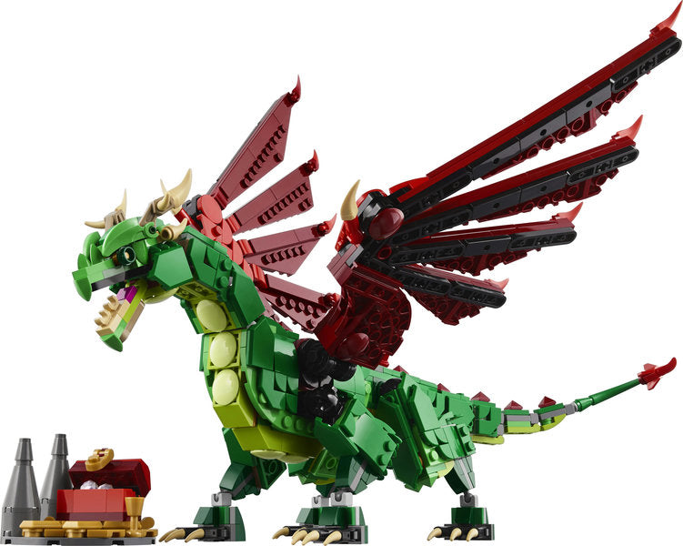 LEGO Creator Medieval Dragon with posable wings, neck, jaw, and treasure chest for imaginative medieval play.