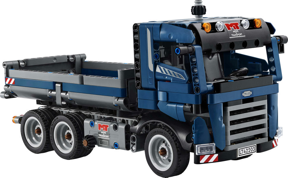 Technic Tipping Dump Truck toy in blue with tipping function, detailed cab, and six wheels for imaginative play.