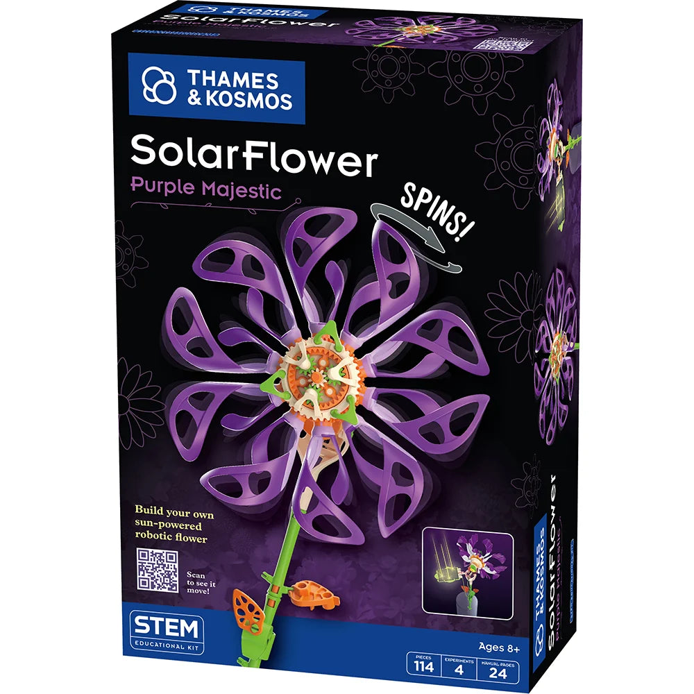 SolarFlower | Purple Majestic STEM kit box featuring a purple robotic flower and sun-powered building project