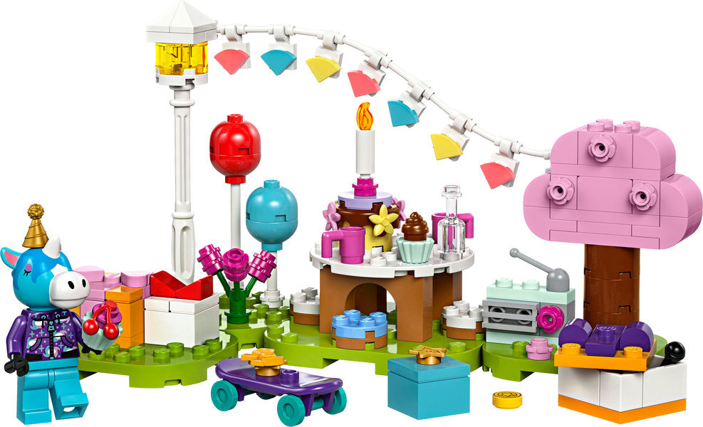 Animal Crossing Julian's Birthday Party set with colorful birthday decorations, cake, and Julian horse minifigure.