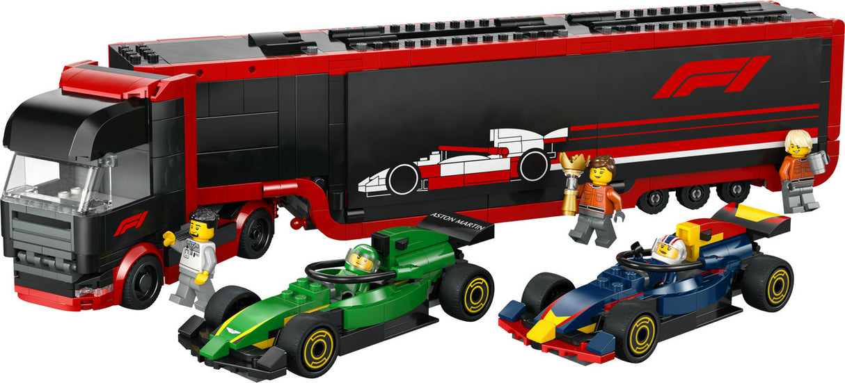 City F1 Truck with RB20 & AMR24 F1 Cars showing transport truck, two Formula 1 race cars, and minifigures.