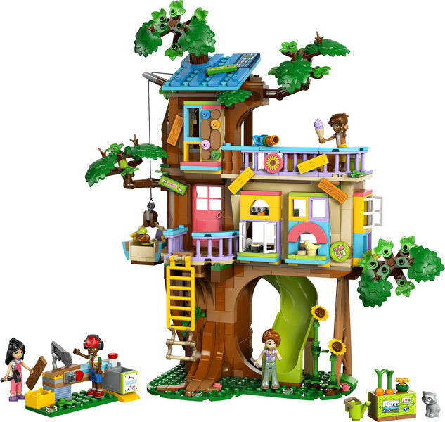 Friends Friendship Tree House Hangout with slide, ladder, play areas, and characters Liann, Autumn, Leo, and Zac.