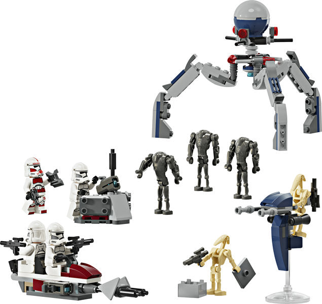 LEGO Star Wars Clone Trooper & Battle Droid Battle Pack with minifigures, speeder bike, and buildable droid vehicles for ages 7+