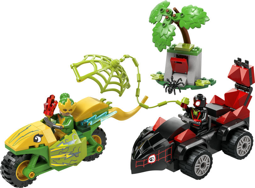Spidey Spin and Electro Dinosaur Vehicle Chase set with Miles Morales on stegosaurus bike and Electro on dilophosaurus motorcycle.