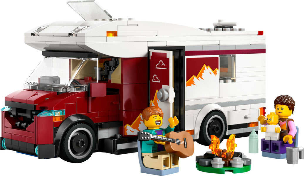 City Holiday Adventure Camper Van with minifigures, guitar, campfire, and detailed living space for kids' imaginative play.