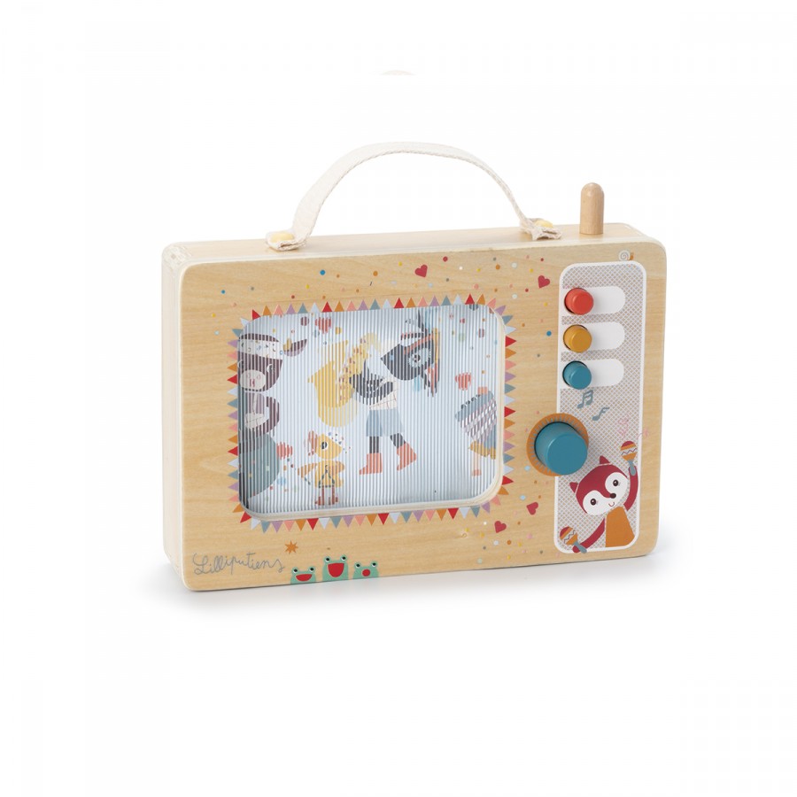 My First Animated Music Box wooden design with handle, colorful buttons, and animated orchestra scene inside.